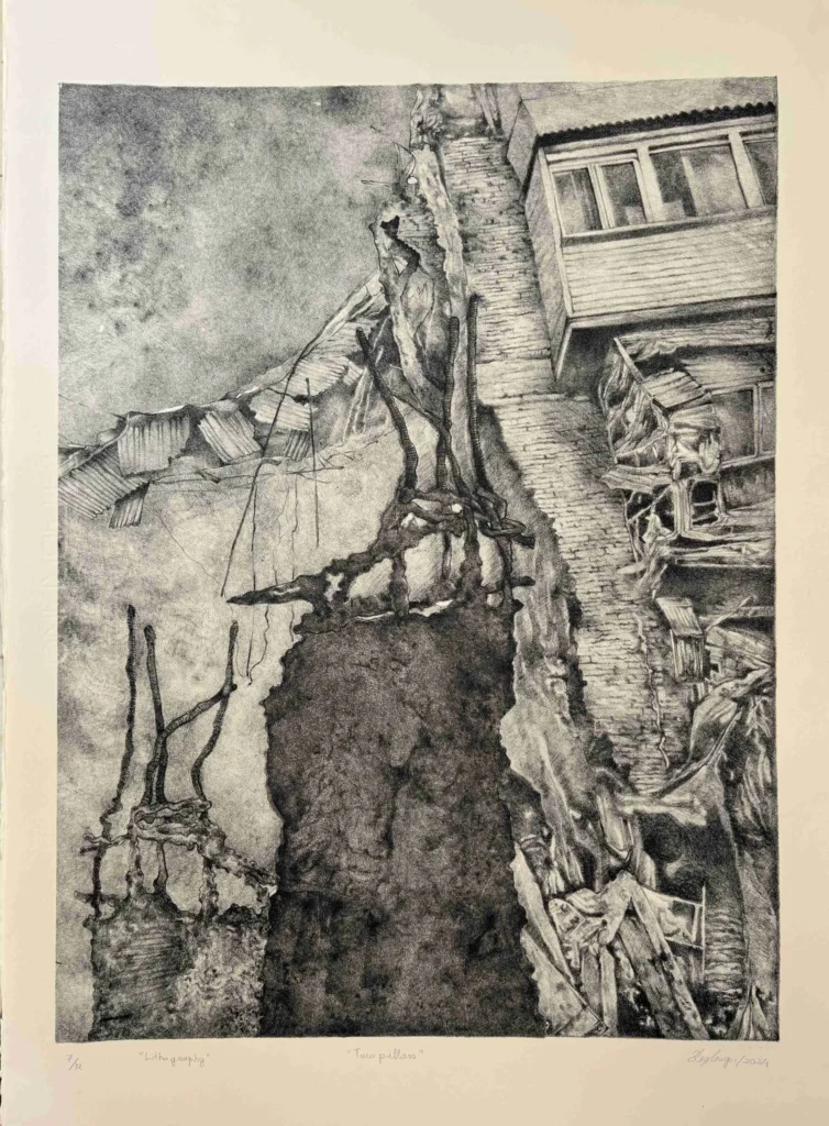 Tez Gogoi Two layer lithography Size 12 x 16 inches Title Two Piller scaled
