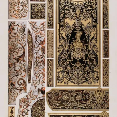 Boulle Buhl Design Motif Inlay Ebony Marquetry Gold Silver