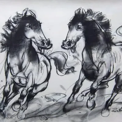 P Dutta Sprinting Stallions III  19 x 24 in Charcoal on paper (1)_11zon