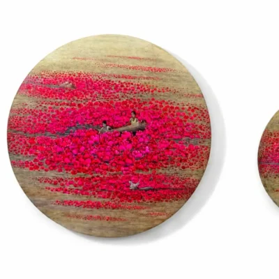 <span>Divine Hours </span> <p class="cs-excerpt"><b> Size</b>: 17,37, and 24 inches in diameter<br> <b>Medium</b>: Acrylic on rice paper , fabric, wall putty, and ply board </p>
