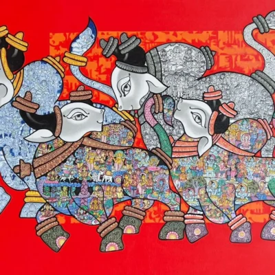 <span>Dancing Nandis IV</span><p class="cs-excerpt"><b> Size</b>: 36 X 48 inches<br> <b>Medium</b>: Mixed media on canvas</p>